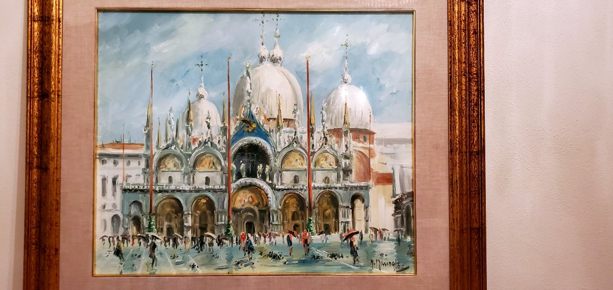 Oil Painting On Canvas Depicting St. Mark's Square And St. Mark's Basilica, 1940/1950-photo-1