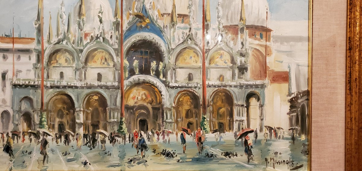 Oil Painting On Canvas Depicting St. Mark's Square And St. Mark's Basilica, 1940/1950-photo-2