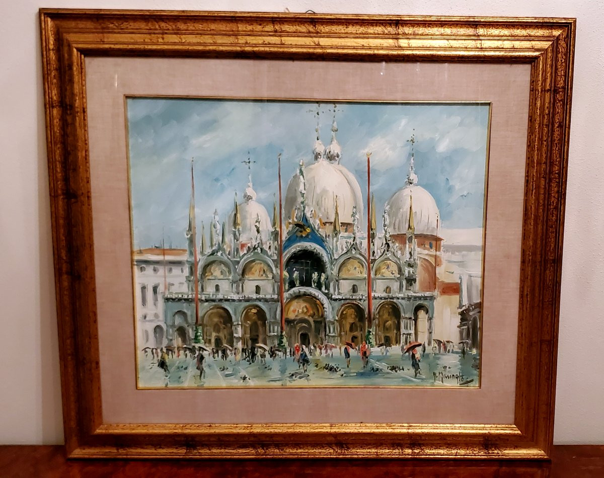 Oil Painting On Canvas Depicting St. Mark's Square And St. Mark's Basilica, 1940/1950-photo-6