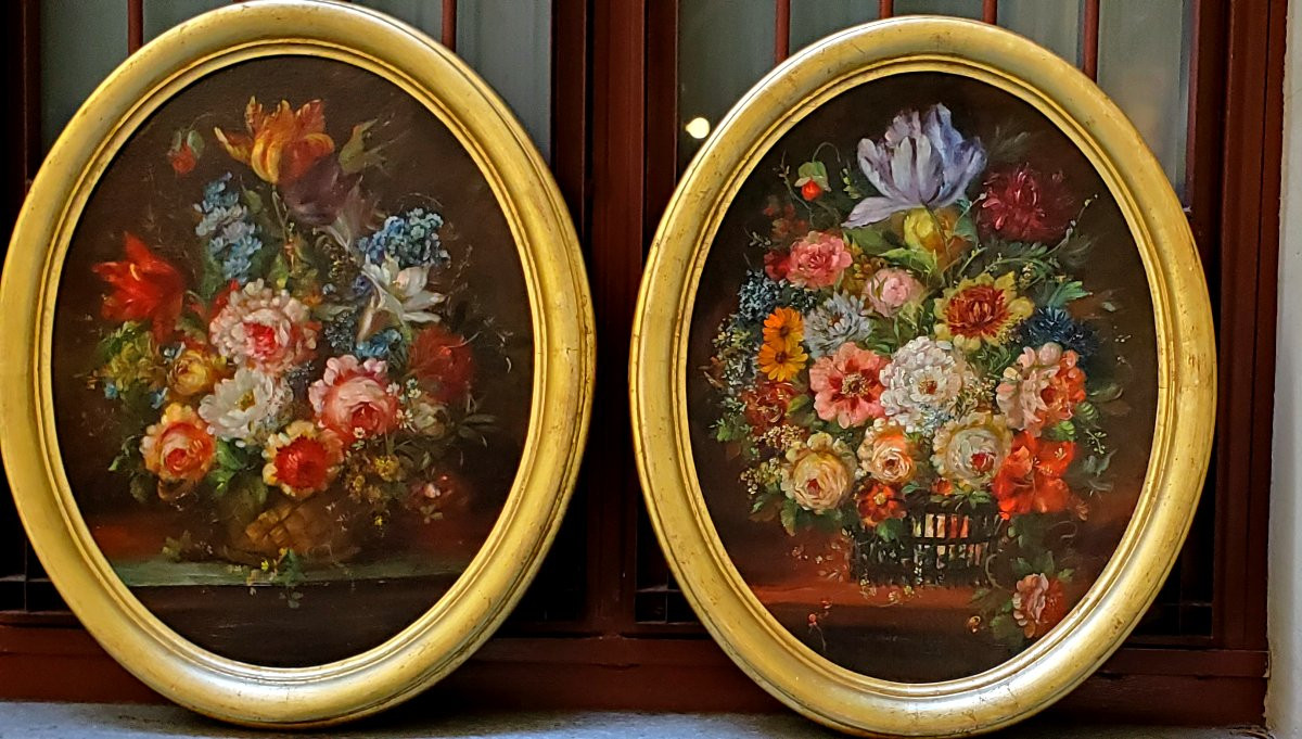 Deux peintures à l'huile sur toile, natures mortes florales, datant de la fin du XIX siecle-photo-2