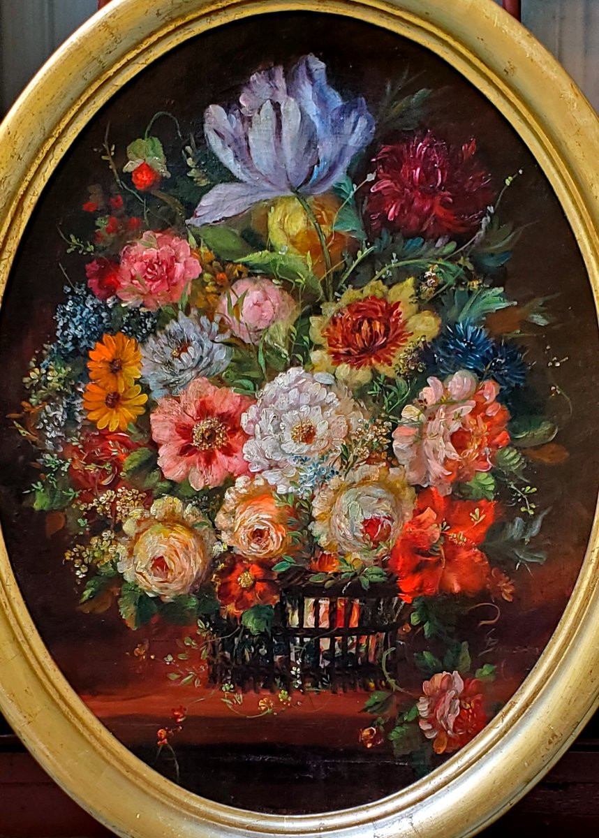 Deux peintures à l'huile sur toile, natures mortes florales, datant de la fin du XIX siecle-photo-4