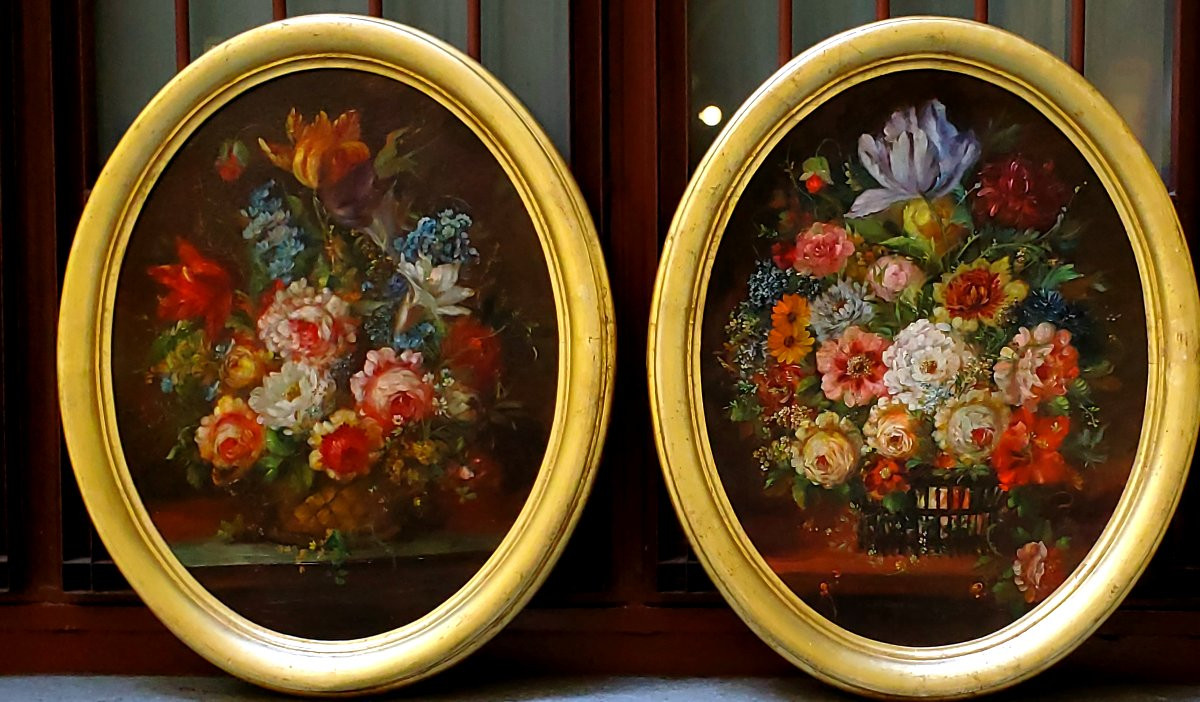 Deux peintures à l'huile sur toile, natures mortes florales, datant de la fin du XIX siecle-photo-2