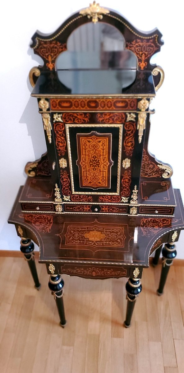 Console ancienne Napoléon III à piétement surélevé, en bois d'ébène, de fabrication Française-photo-4