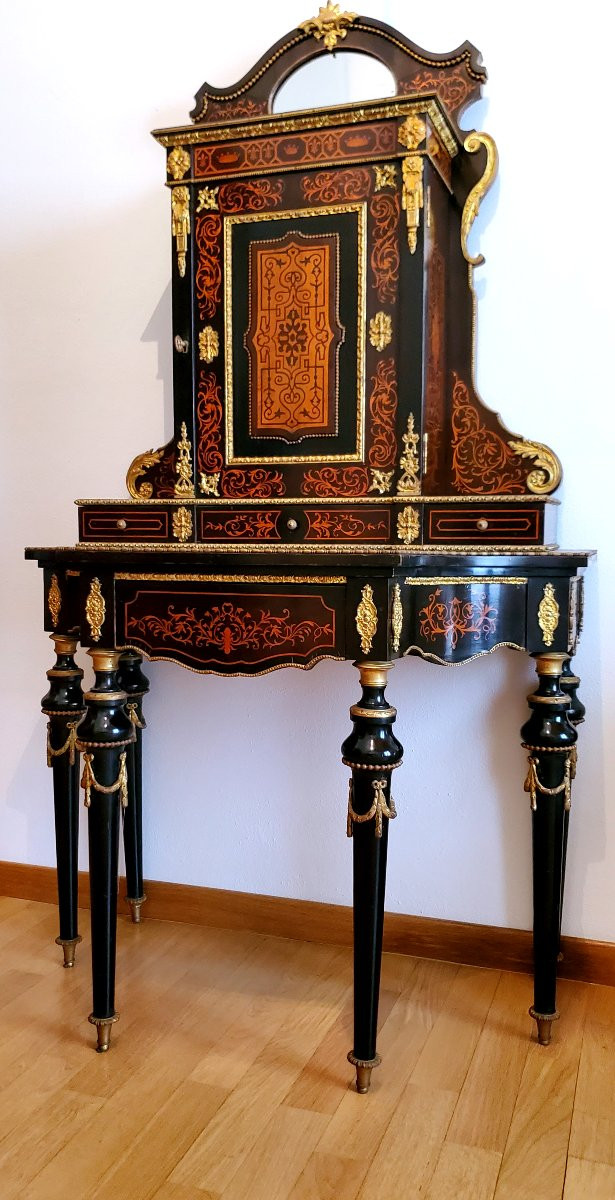 Console ancienne Napoléon III à piétement surélevé, en bois d'ébène, de fabrication Française-photo-1