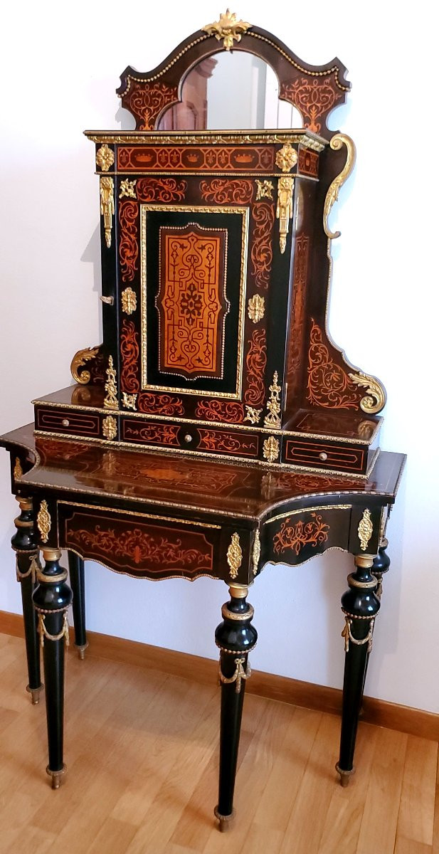 Console ancienne Napoléon III à piétement surélevé, en bois d'ébène, de fabrication Française-photo-7