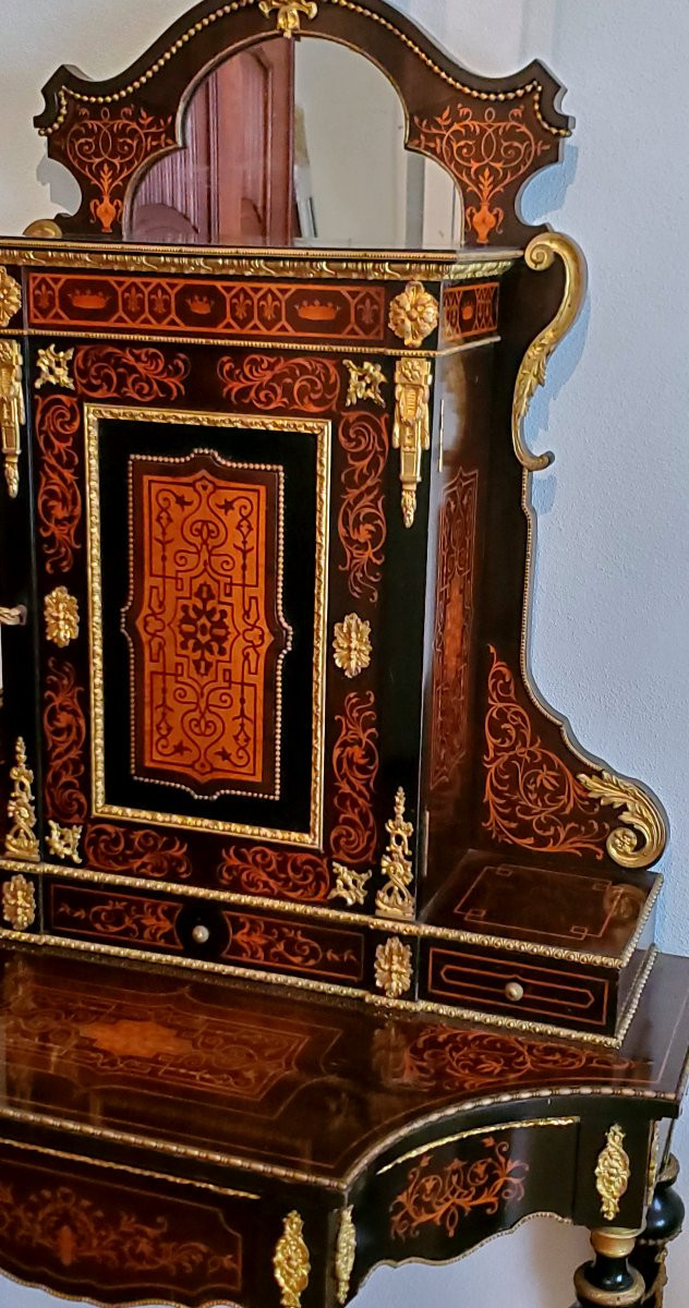 Console ancienne Napoléon III à piétement surélevé, en bois d'ébène, de fabrication Française-photo-8