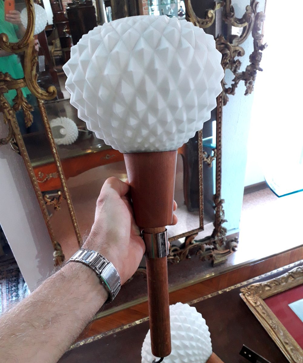 2 Art Deco Wall Lights In Glass And Wood, In The Shape Of A Torch.-photo-2