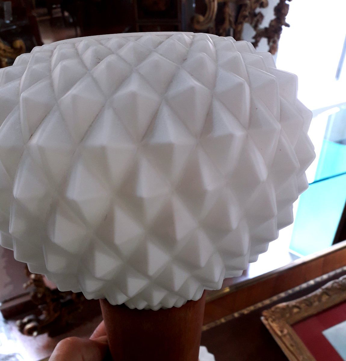 2 Art Deco Wall Lights In Glass And Wood, In The Shape Of A Torch.-photo-3