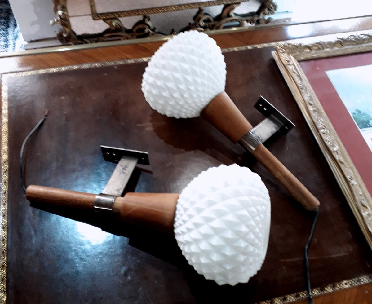 2 Art Deco Wall Lights In Glass And Wood, In The Shape Of A Torch.-photo-1