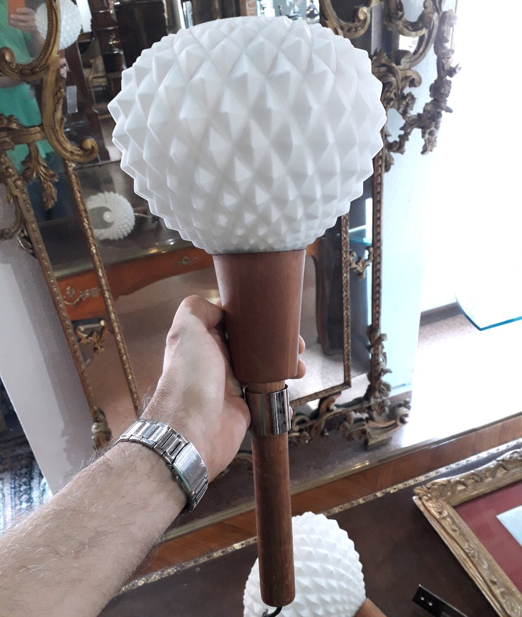 2 Art Deco Wall Lights In Glass And Wood, In The Shape Of A Torch.-photo-2
