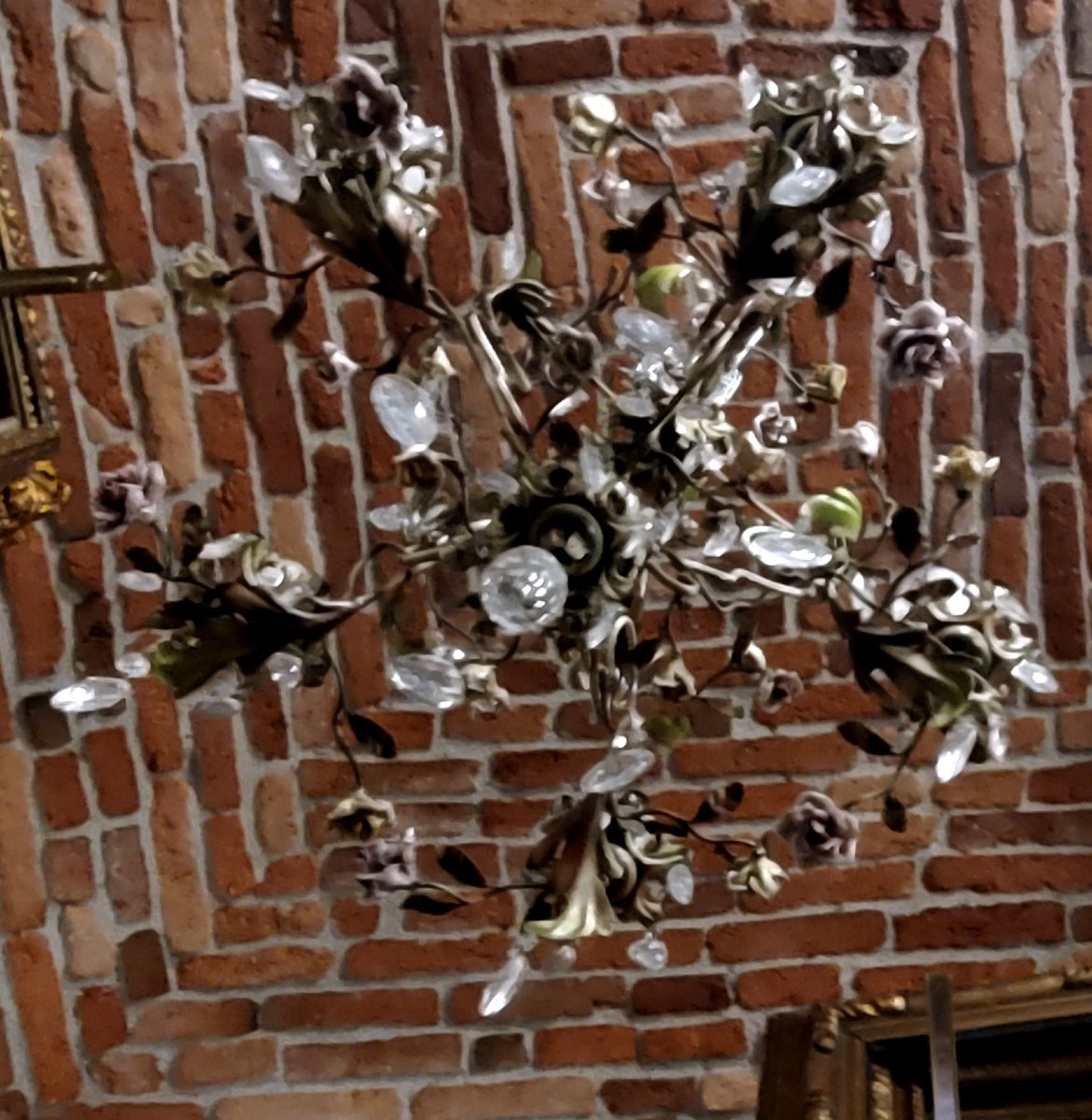 Wrought Iron Chandelier With Metal Leaf And Porcelain Flower Decorations-photo-6