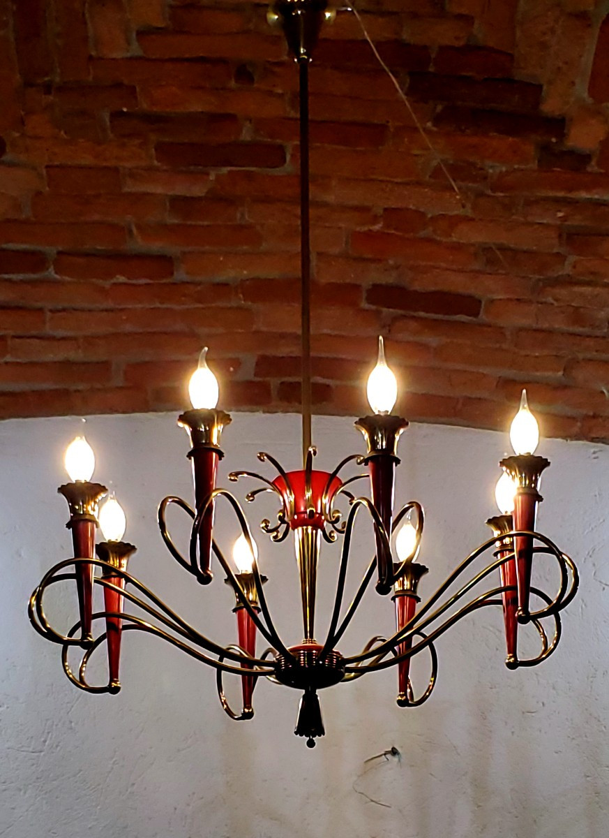 Art Deco Chandelier, Italian-made, In Gilded And Lacquered Iron-photo-2