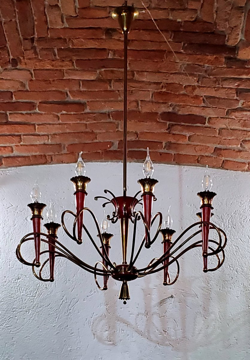 Art Deco Chandelier, Italian-made, In Gilded And Lacquered Iron-photo-3