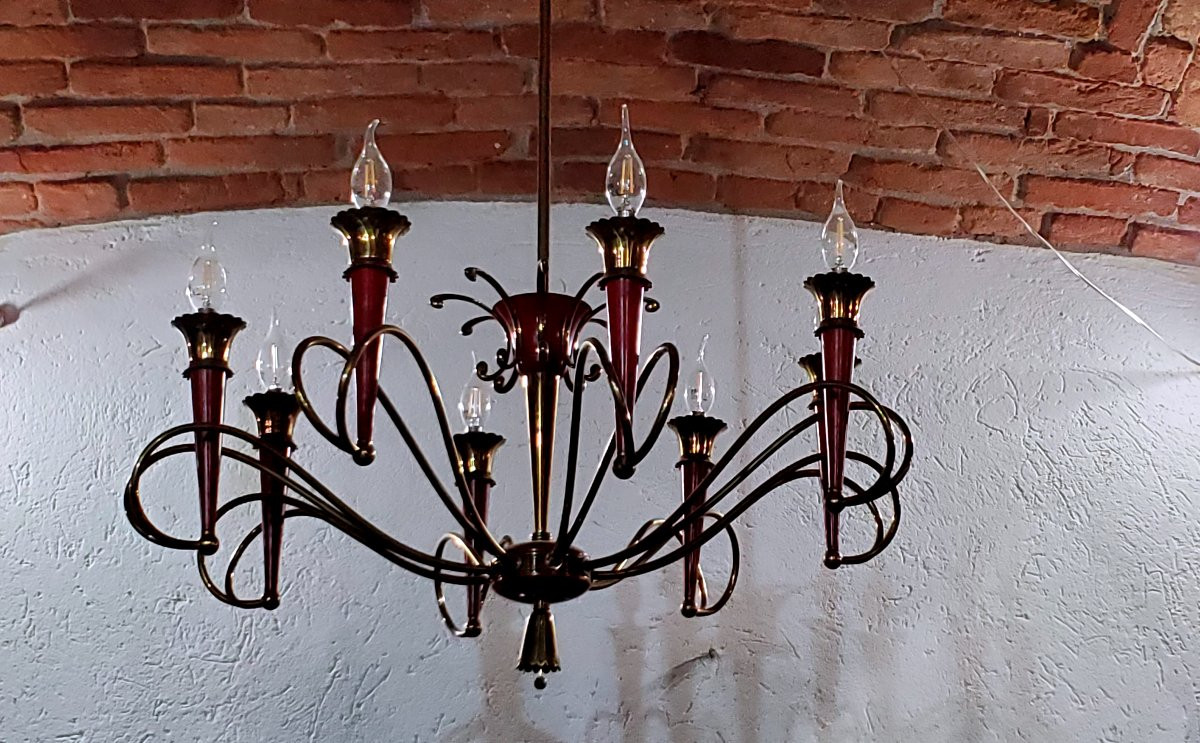 Art Deco Chandelier, Italian-made, In Gilded And Lacquered Iron-photo-1