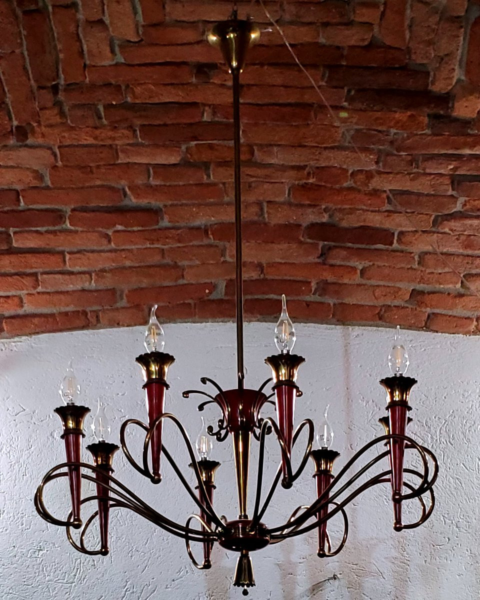 Art Deco Chandelier, Italian-made, In Gilded And Lacquered Iron-photo-2