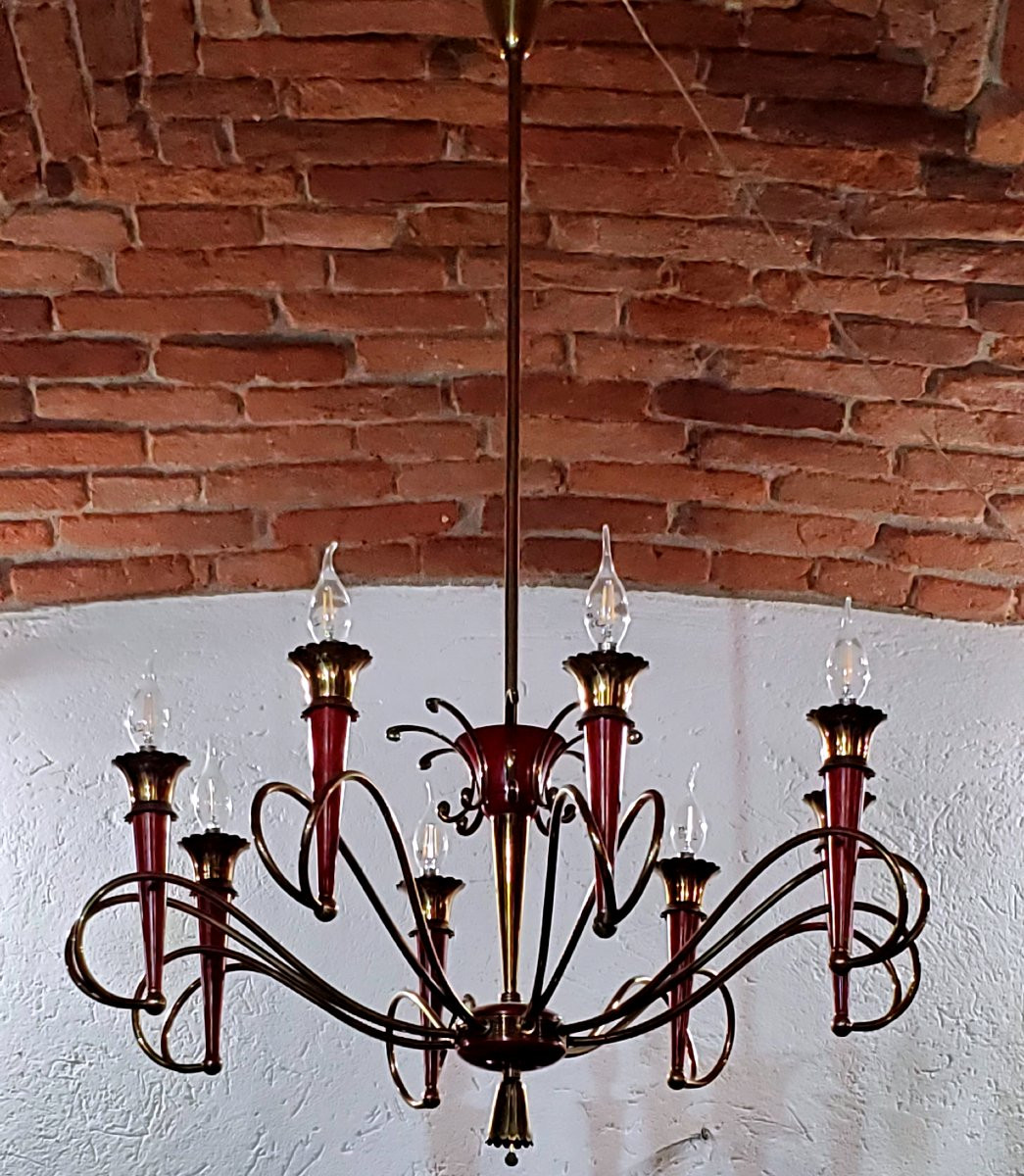 Art Deco Chandelier, Italian-made, In Gilded And Lacquered Iron-photo-3