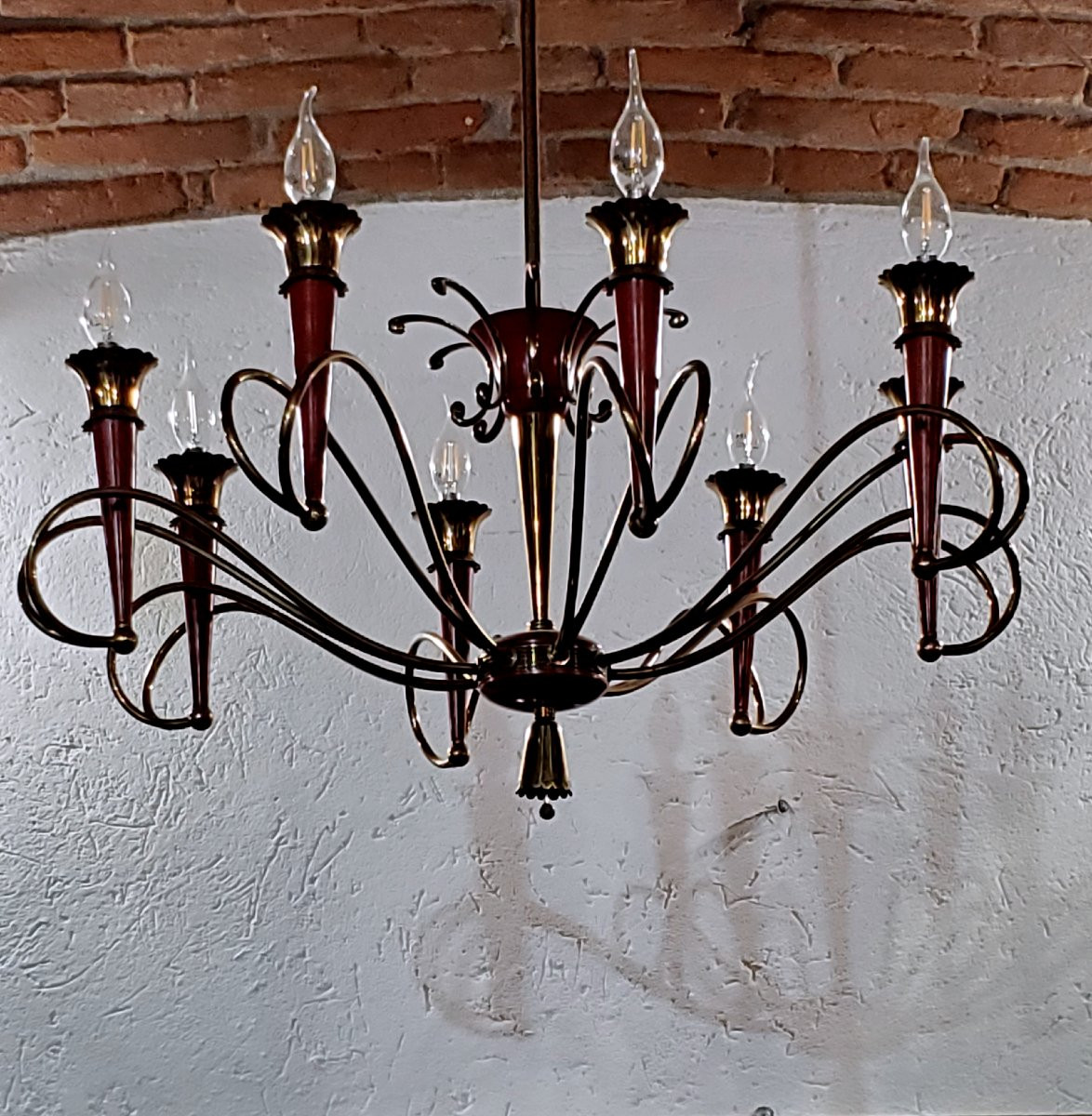 Art Deco Chandelier, Italian-made, In Gilded And Lacquered Iron-photo-4