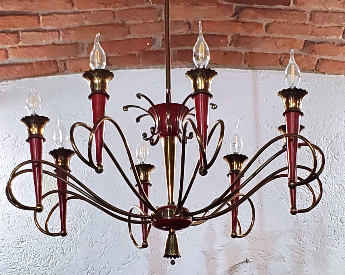 Art Deco Chandelier, Italian-made, In Gilded And Lacquered Iron