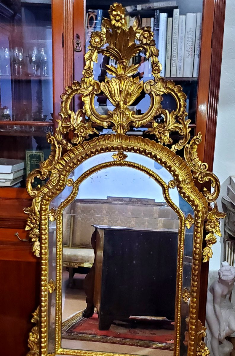 Antique Louis XV-style Carved And Gilded Wooden Mirror, Italian-made-photo-2