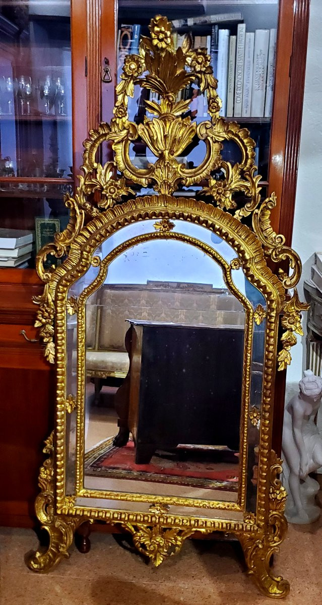 Antique Louis XV-style Carved And Gilded Wooden Mirror, Italian-made-photo-2