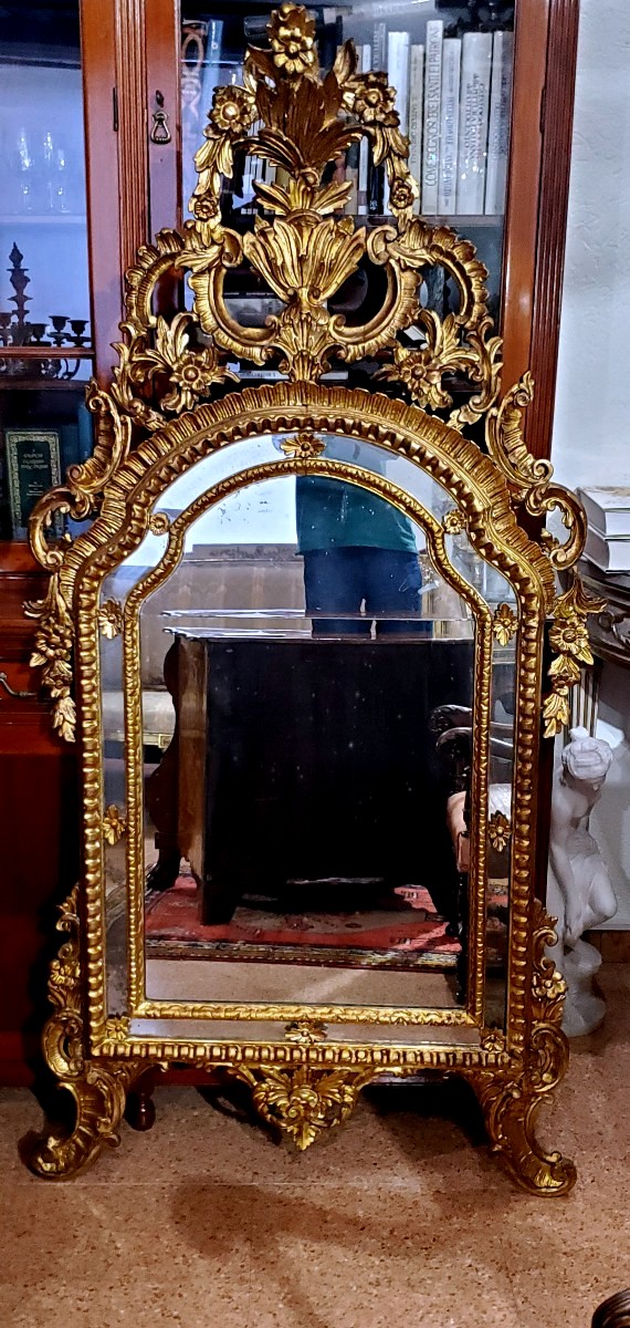 Antique Louis XV-style Carved And Gilded Wooden Mirror, Italian-made