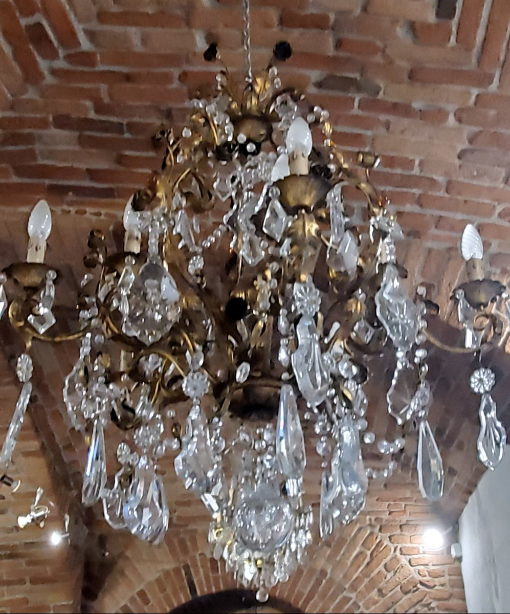 Lustre en fer forgé orné de feuilles et de fleurs en tôle, orné de cristaux. -photo-3