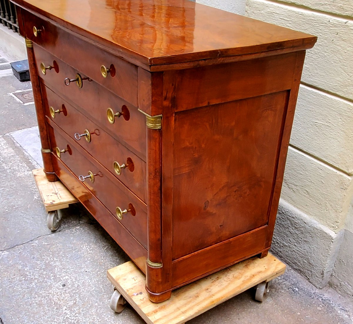 Antique Empire Half-column Chest Of Drawers In Elm Wood-photo-4