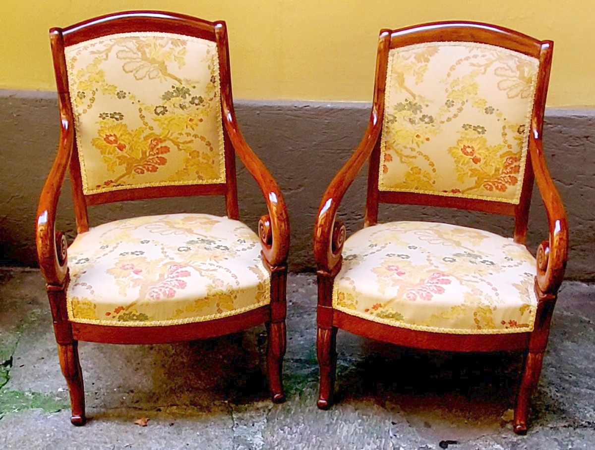 Antique Charles X-era mahogany armchairs, French-made. -photo-3