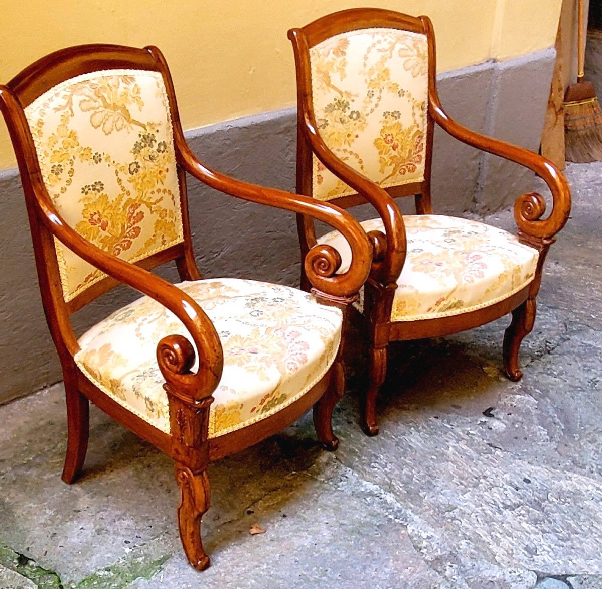 Antique Charles X-era mahogany armchairs, French-made. 