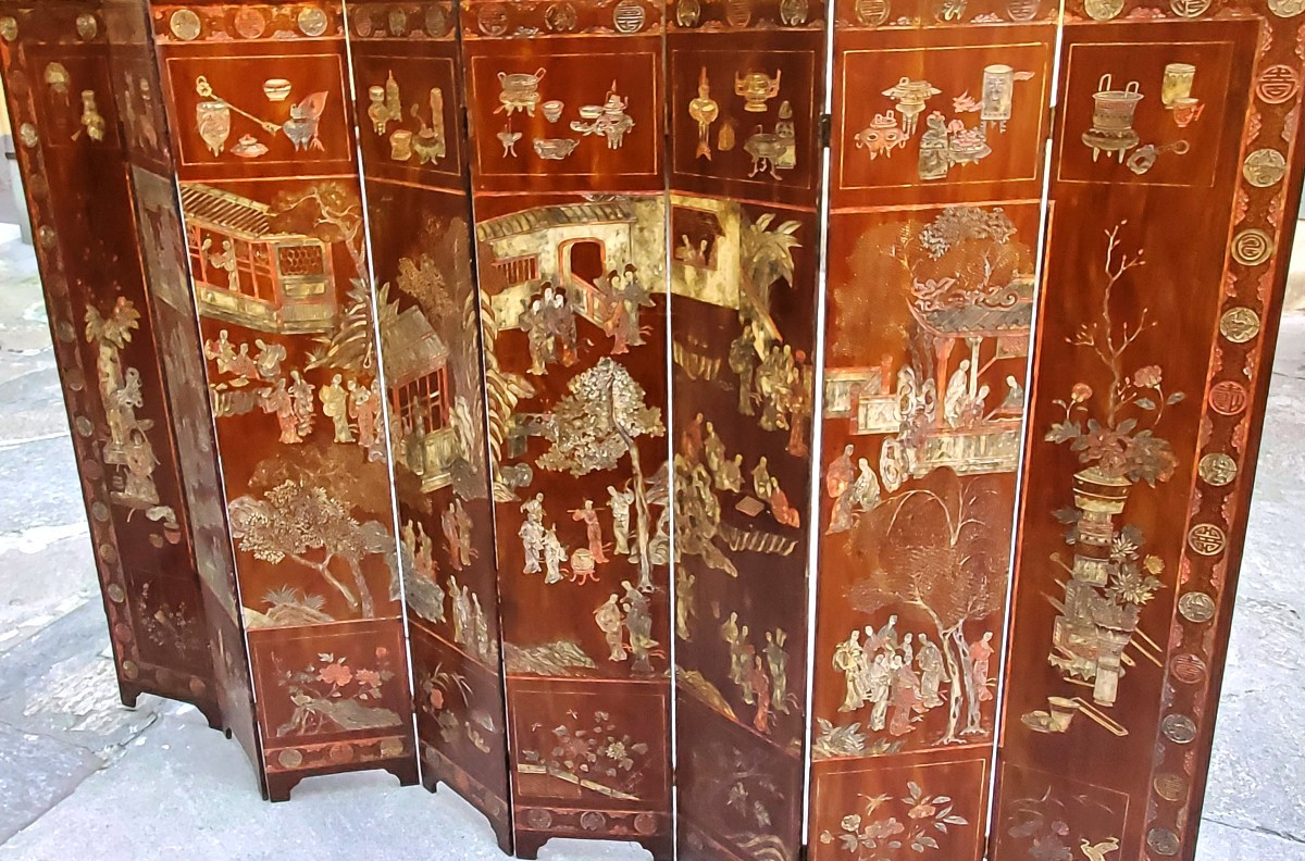 This 8-panel Chinese Coromandel Lacquer Screen Uses The Kuncai Techniquue