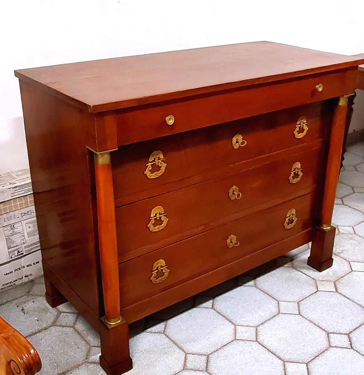 Commode Empire ancienne à deux colonnes, La commode est en noyer-photo-3