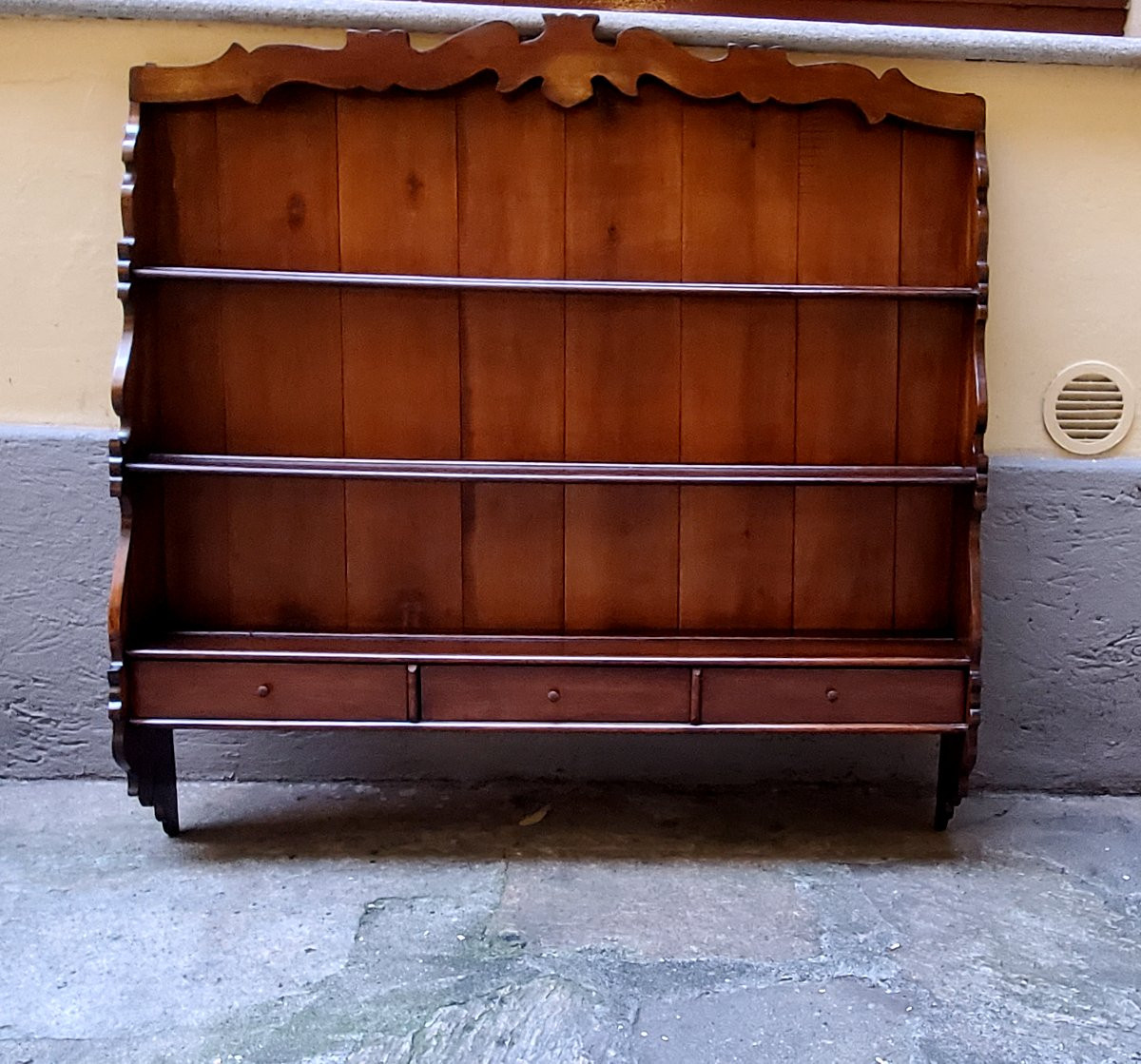 Étagère murale à assiettes en noyer, style Louis-Philippe, fabriquée en Italie.-photo-6