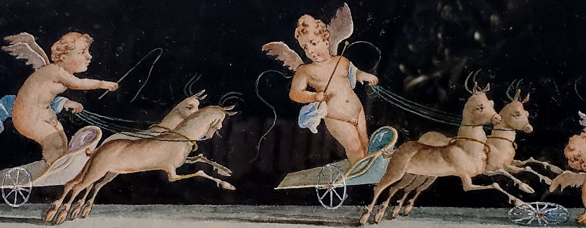 Antique Neapolitan School Painting, Watercolor Technique, 19th Century-photo-3