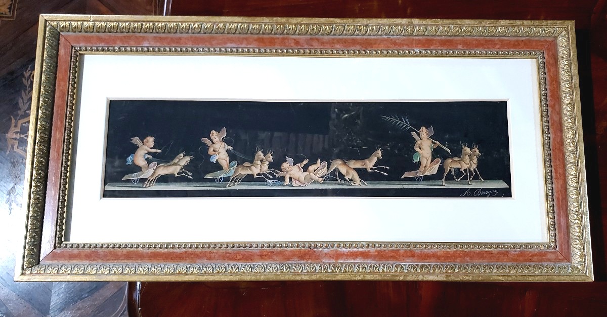 Peinture ancienne de l'école napolitaine, technique de l'aquarelle, XIXe siècle.