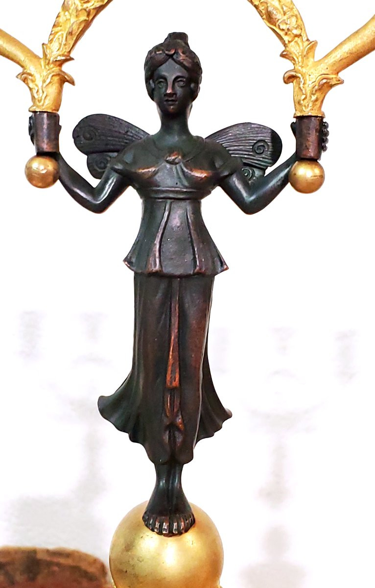 Two Antique Three-light Candlesticks In 18kt Gilded Bronze, French Empire -photo-4