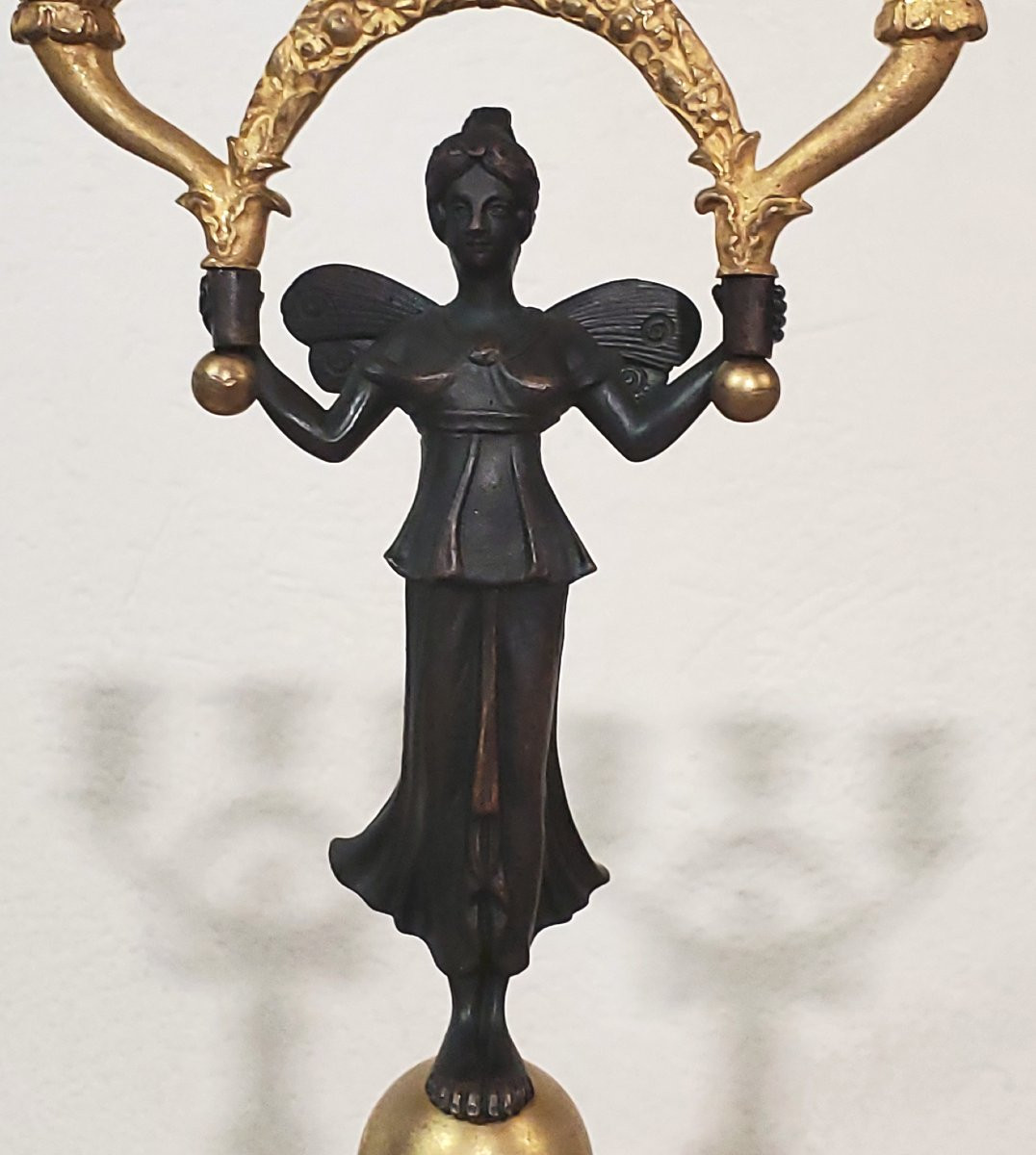 Two Antique Three-light Candlesticks In 18kt Gilded Bronze, French Empire -photo-3