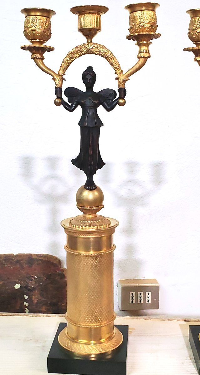 Two Antique Three-light Candlesticks In 18kt Gilded Bronze, French Empire -photo-2