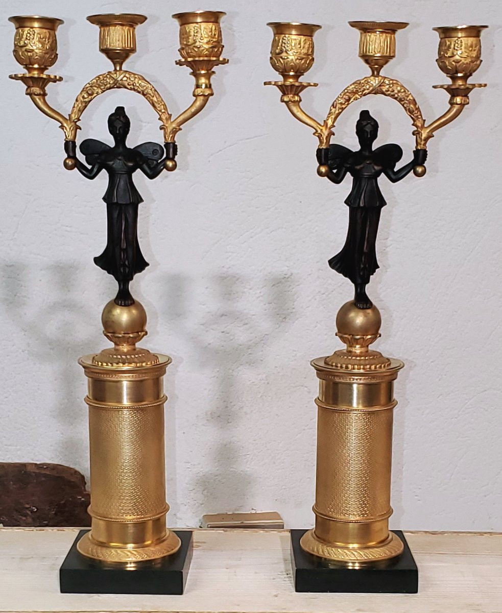 Two Antique Three-light Candlesticks In 18kt Gilded Bronze, French Empire -photo-4