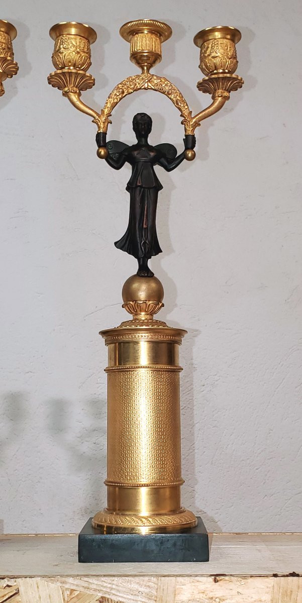 Two Antique Three-light Candlesticks In 18kt Gilded Bronze, French Empire -photo-8