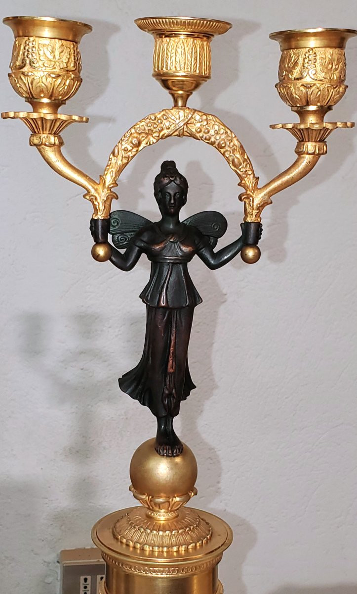Two Antique Three-light Candlesticks In 18kt Gilded Bronze, French Empire -photo-1