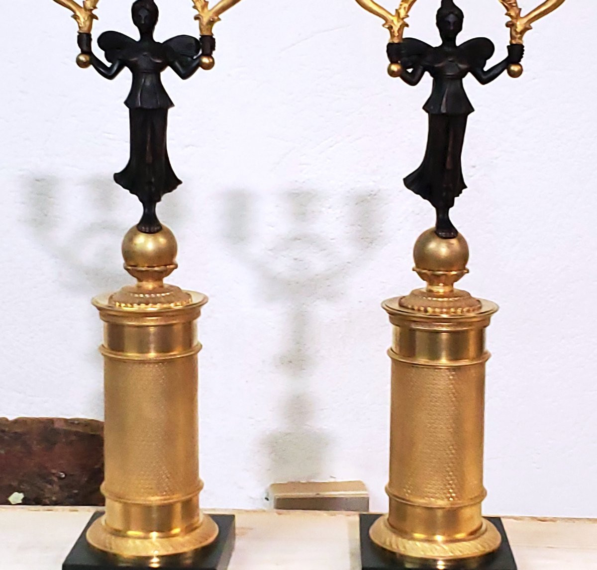 Two Antique Three-light Candlesticks In 18kt Gilded Bronze, French Empire -photo-3