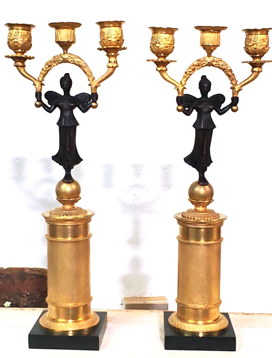 Two Antique Three-light Candlesticks In 18kt Gilded Bronze, French Empire 