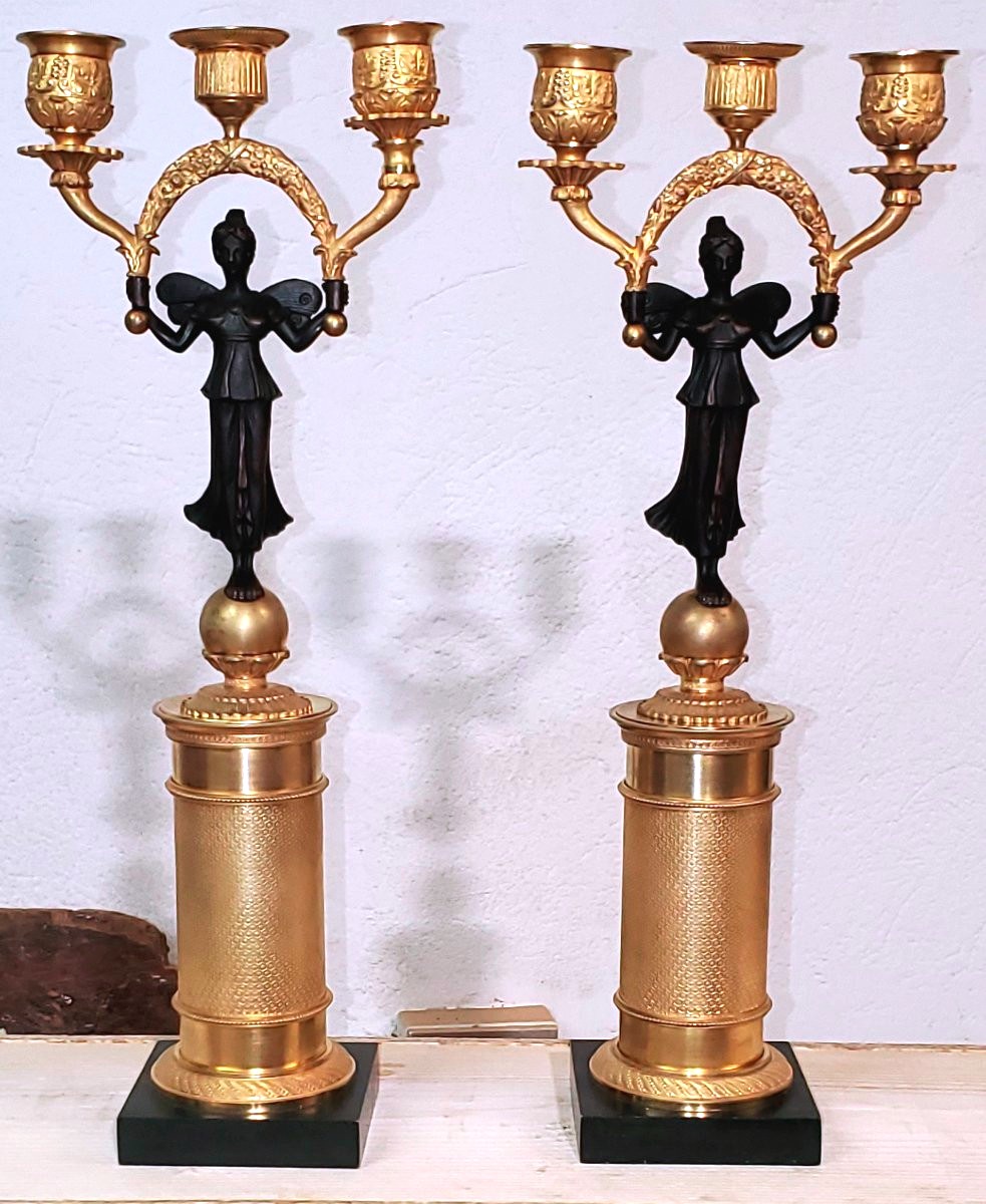 Two Antique Three-light Candlesticks In 18kt Gilded Bronze, French Empire 