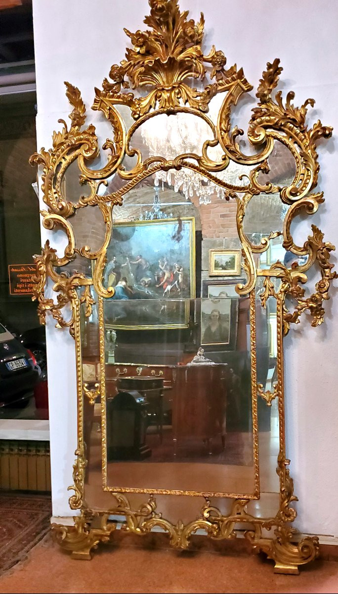   Large Louis XV Mirror, Carved Wood And Gilded With 18kt Pure Gold. -photo-2