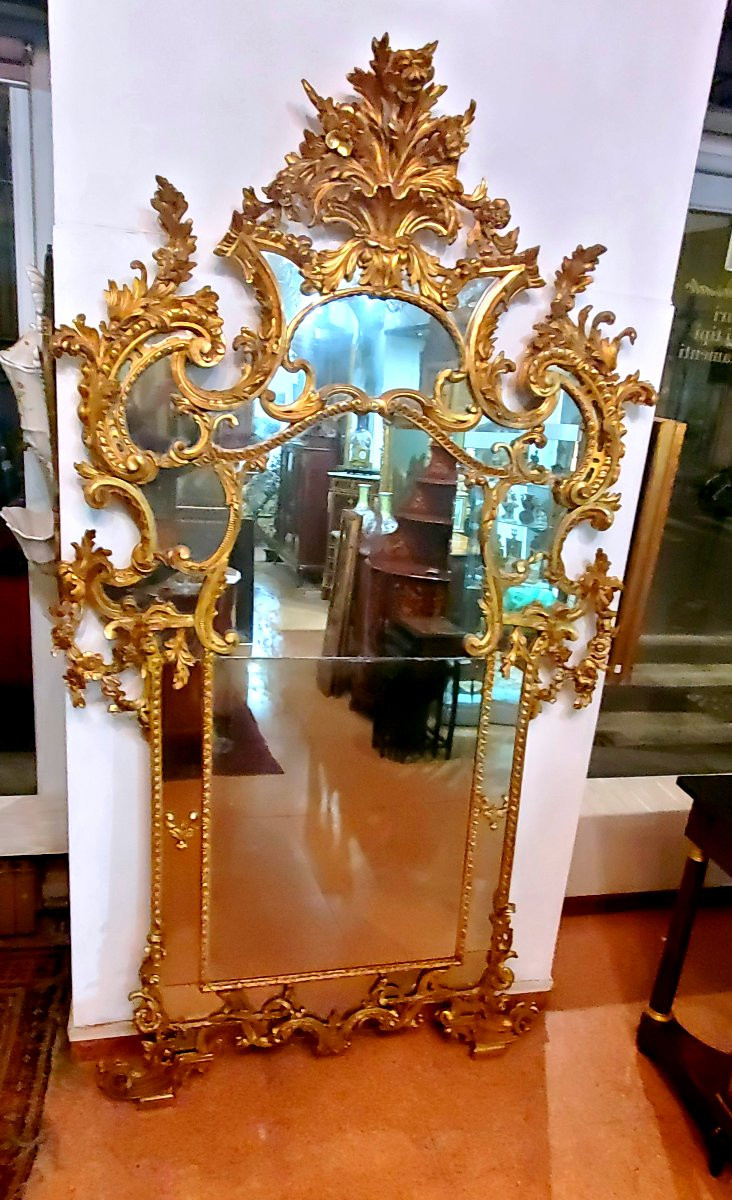   Large Louis XV Mirror, Carved Wood And Gilded With 18kt Pure Gold. -photo-4