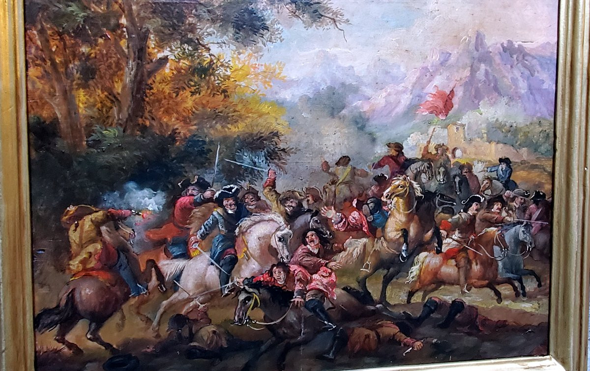 Oil Painting On Panel Depicting A Battle, 19th Century, Austro-german. -photo-3