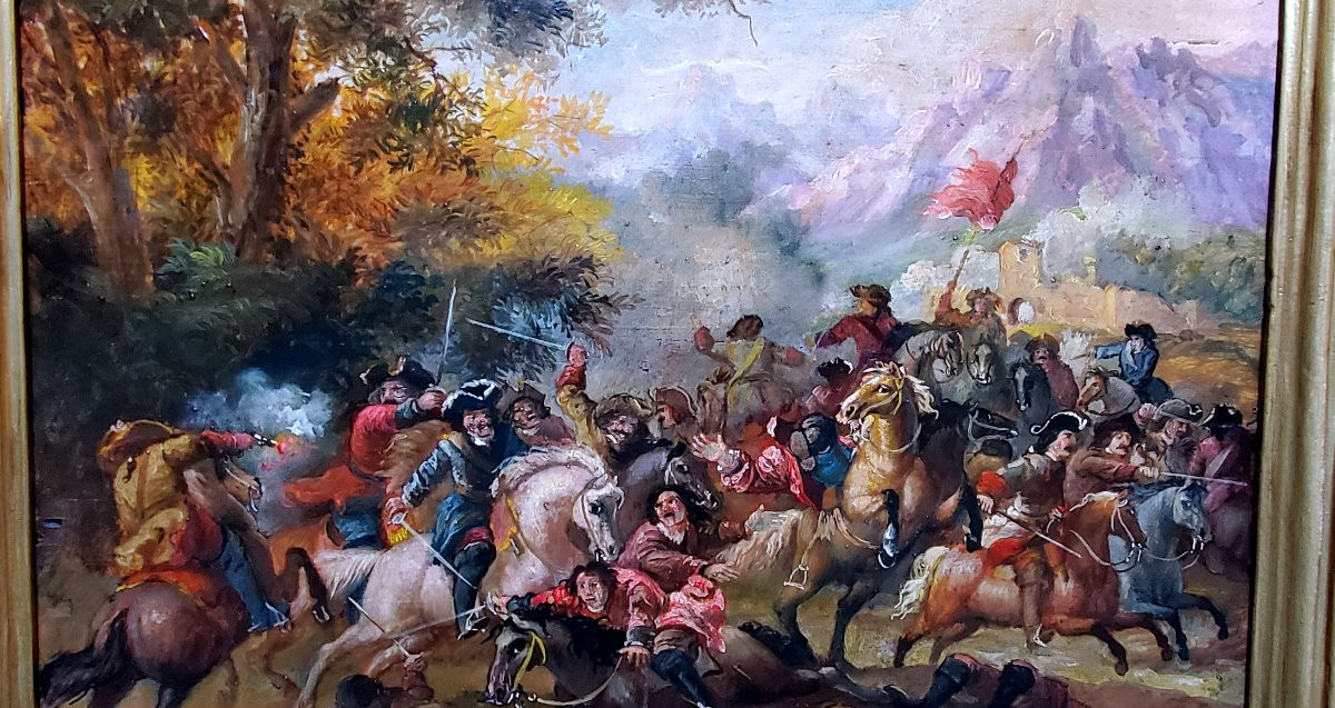 Oil Painting On Panel Depicting A Battle, 19th Century, Austro-german. -photo-4