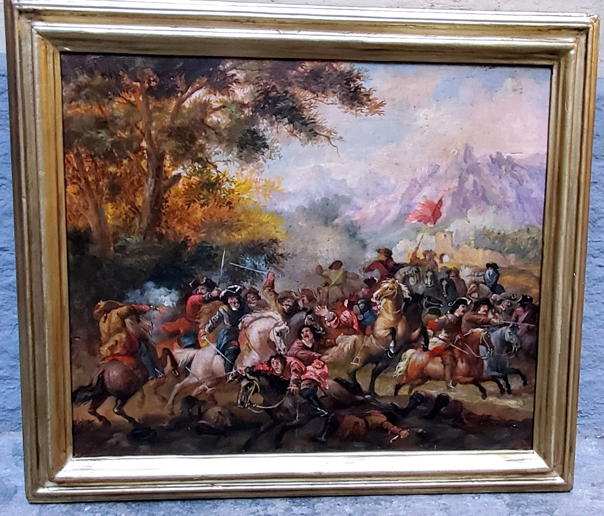 Oil Painting On Panel Depicting A Battle, 19th Century, Austro-german. -photo-2