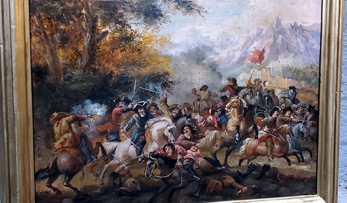 Oil Painting On Panel Depicting A Battle, 19th Century, Austro-german. -photo-3
