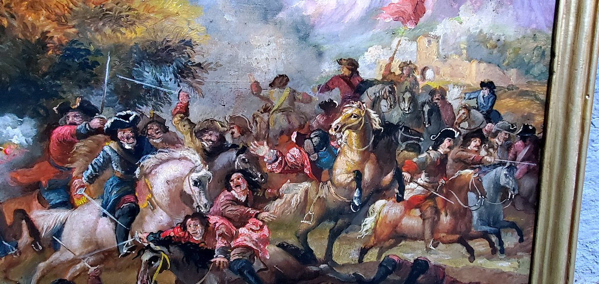 Oil Painting On Panel Depicting A Battle, 19th Century, Austro-german. -photo-4